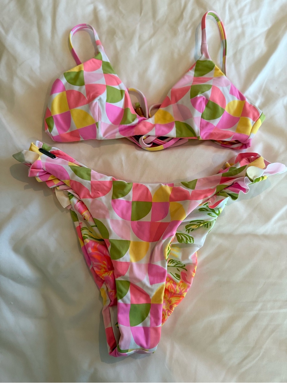 Maaji Reversible Pink Multi-Color Geometric Ruffle Bikini